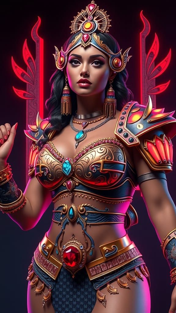 Goddess in Rose Gold Armor with Neon Accents