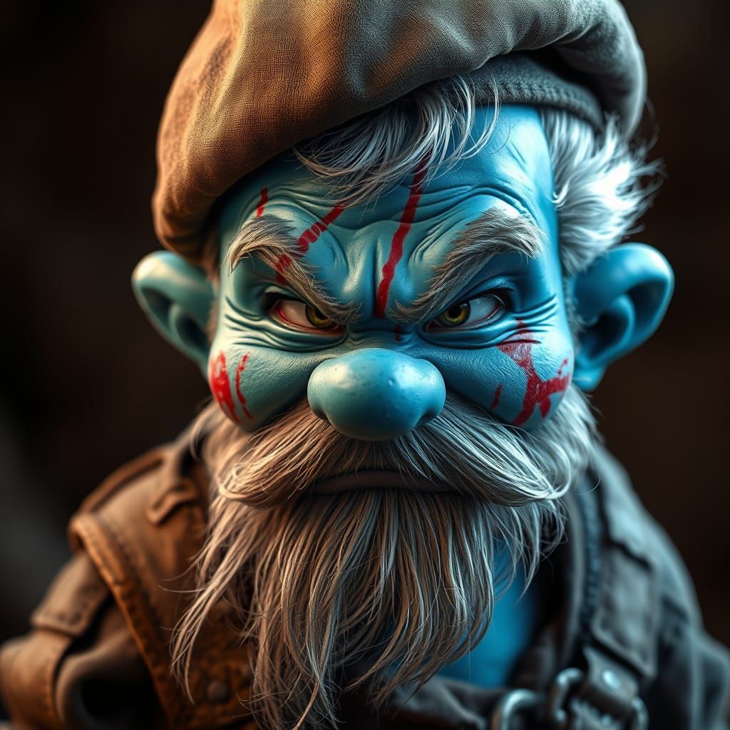 Hyperrealistic Battle-Hardened Elder Smurf in Post-Apocalypt...