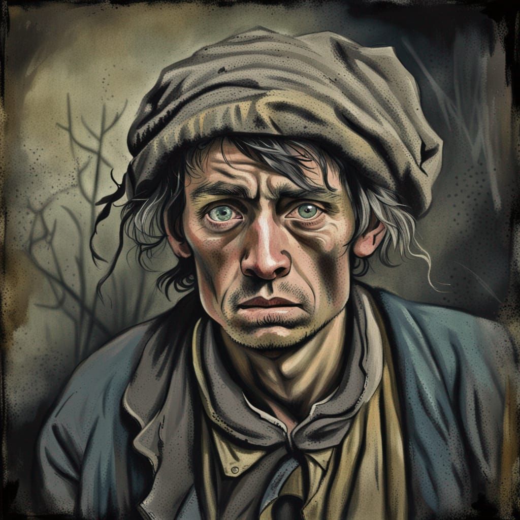 Gritty Oil Pastel Portrait of a London Peasant
