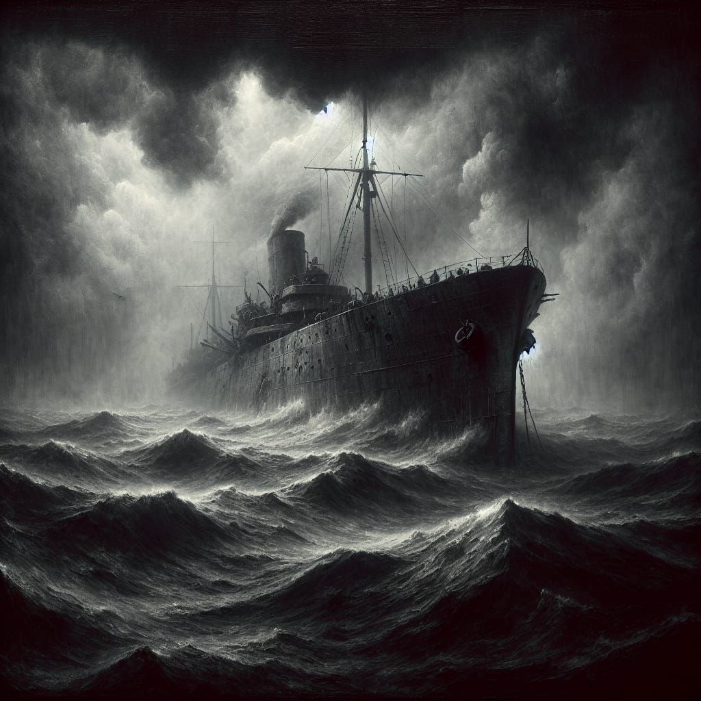 Elegiac North Sea Warship in Monochromatic Oil