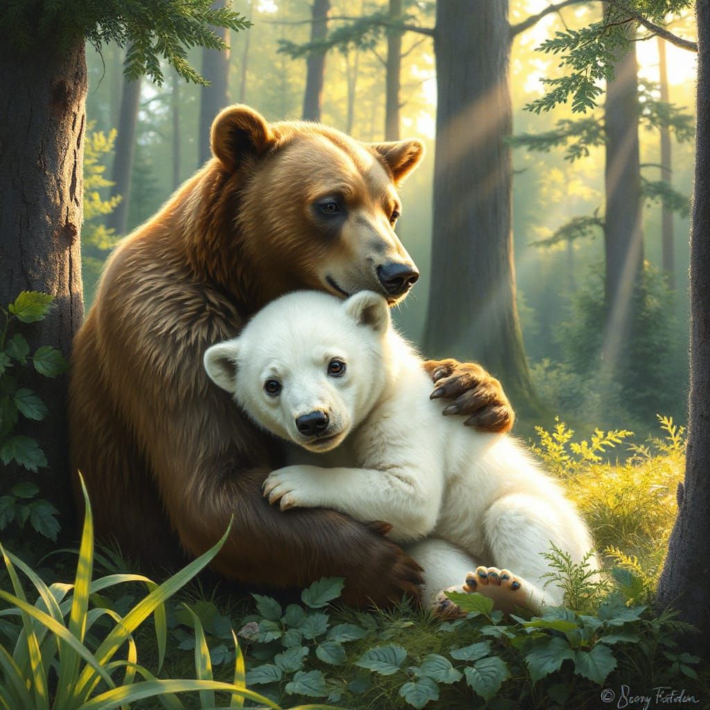 Brown Bear Tenderly Cares for Polar Bear Cub in a Lush Fores...