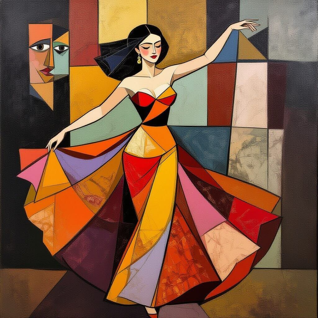 Woman Dancing in Cubist Style with Geometric Shapes