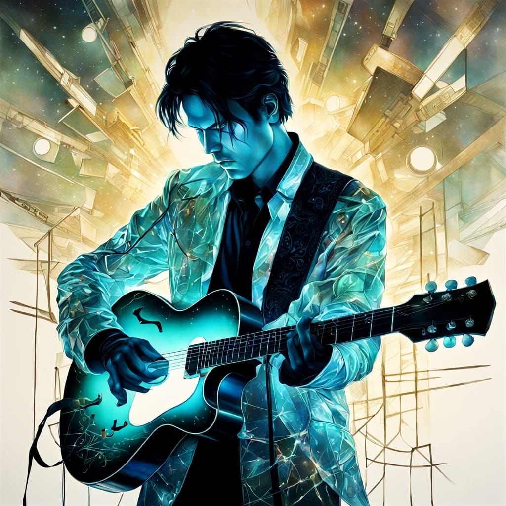 Surreal Cyberpunk Bard Performs Under Starlight