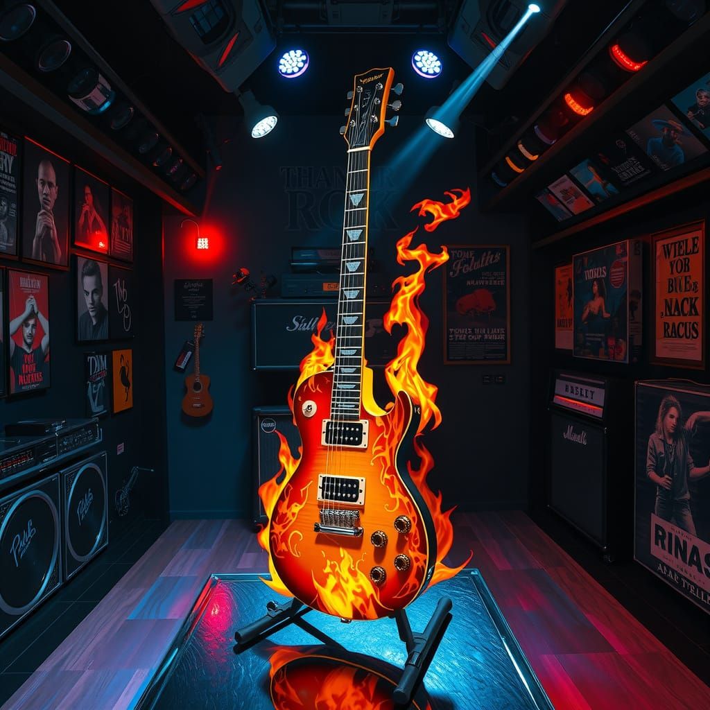 Flaming Guitar Display in Rock Music Museum