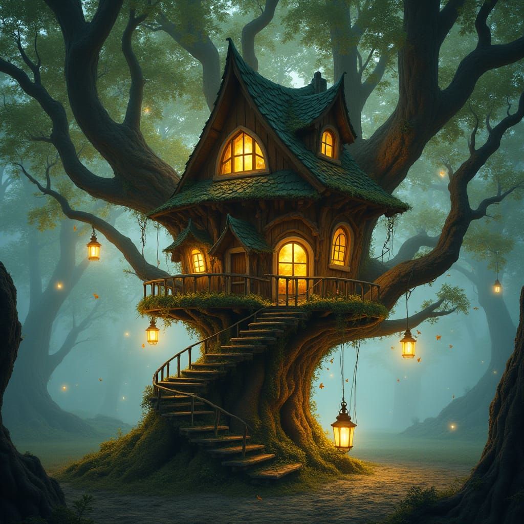 Whimsical Treehouse in Misty Forest, Storybook Art