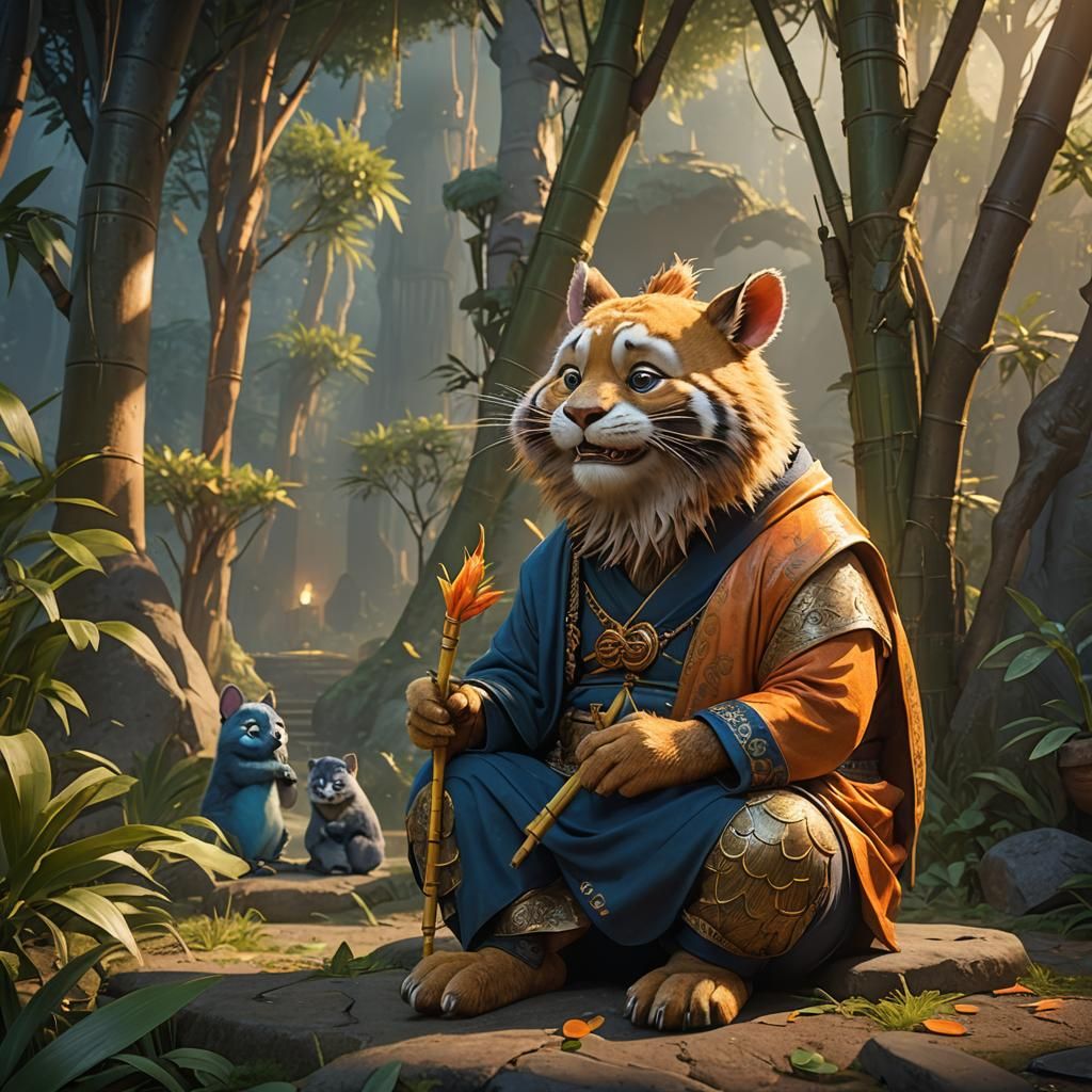 Panda and Boy in Whimsical Fantasy Setting