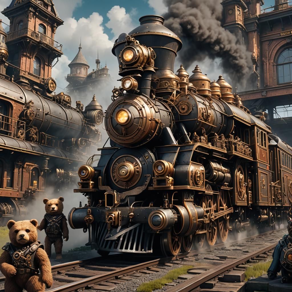 Steampunk Train with Bear Robots in Detailed Matte Painting