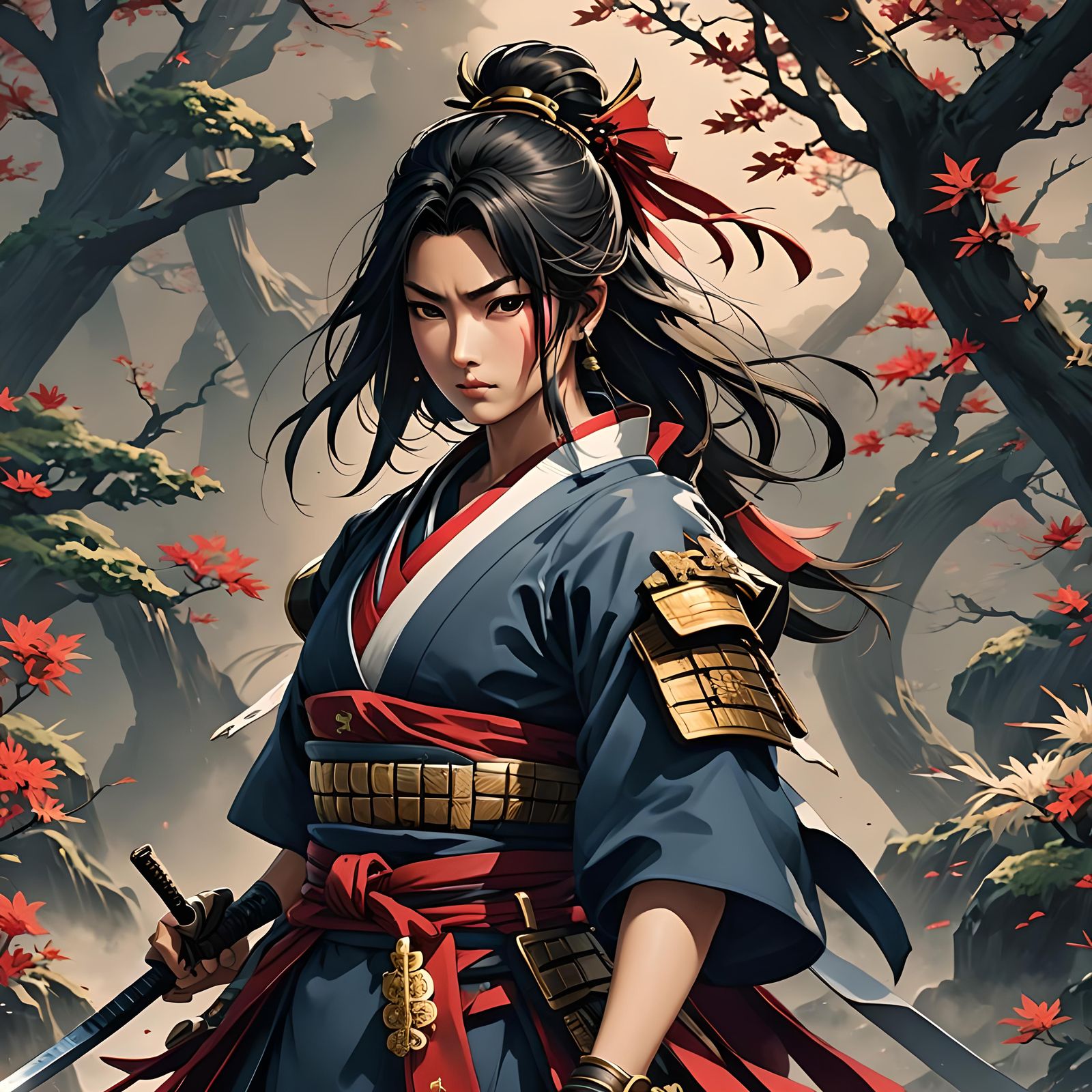 Samurai Woman in Anime Style on White Background