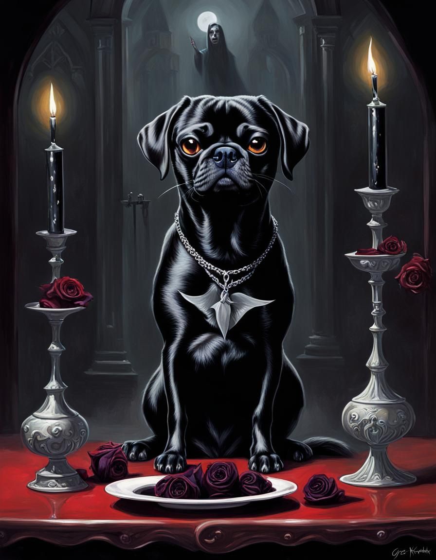 Sinister Puggle as Morticia Addams with Black Roses