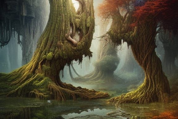 Fantasy Kingdom with Gnarled Trees, Surreal Digital Art