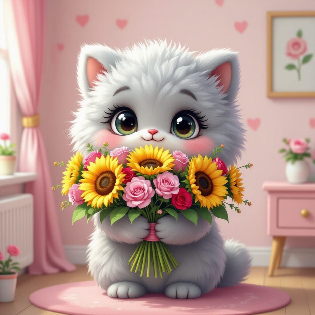 Whimsical Fluffy Creature with Flowers, Hand-Drawn Sketch