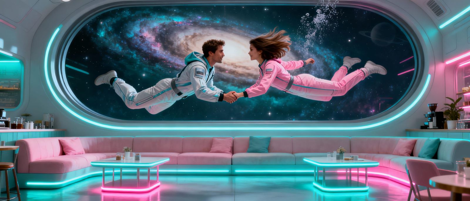 Zero Gravity Romance in Futuristic Cafe