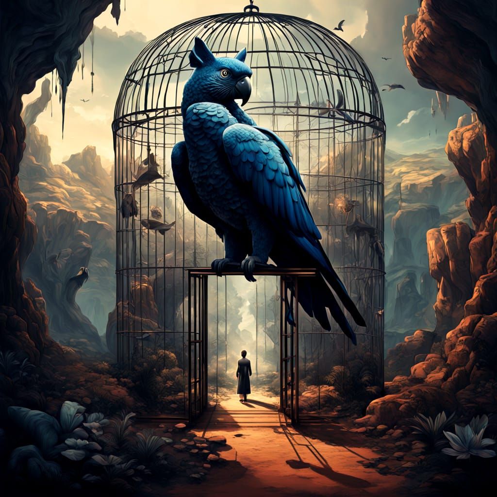 Surreal Dreamscape With Distorted Woman, Caged Puma, And Par...