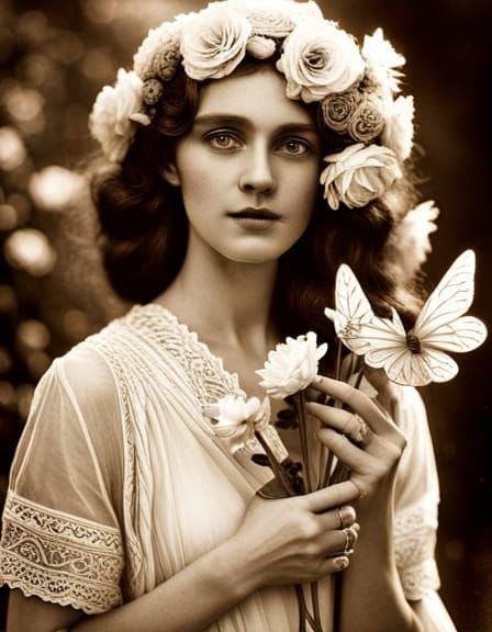 Victorian Fairies and Flowers in Sepia Tone