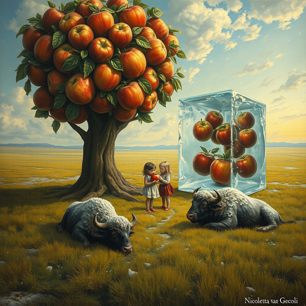 Surreal Apple Tree Landscape with Frozen Figures