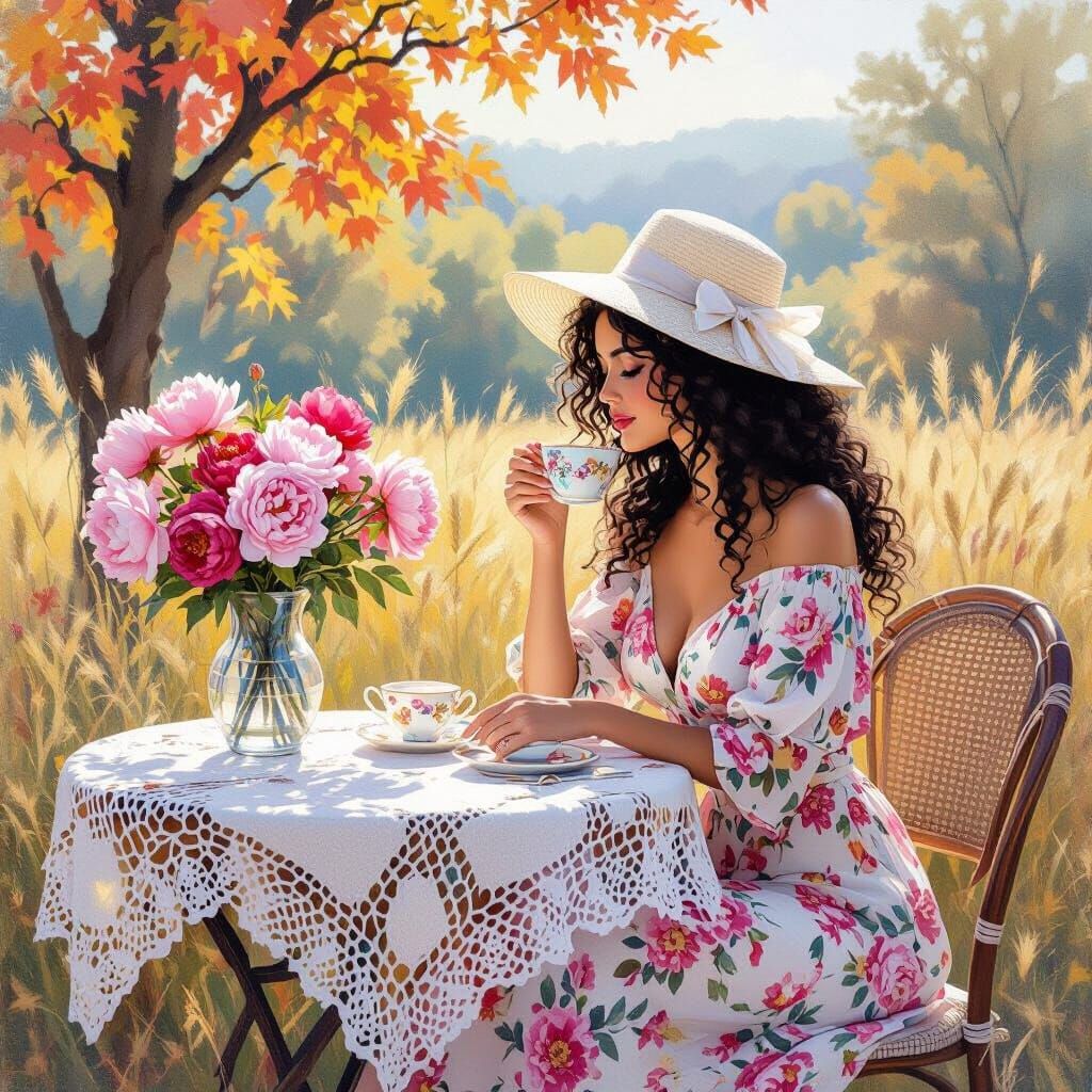 Woman Enjoys Tea Outdoors in Autumn Light, Impressionistic S...