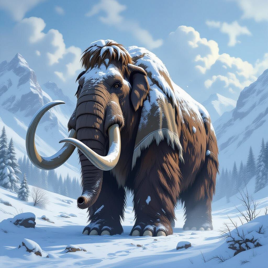 Majestic Woolly Mammoth in Snowy Valley