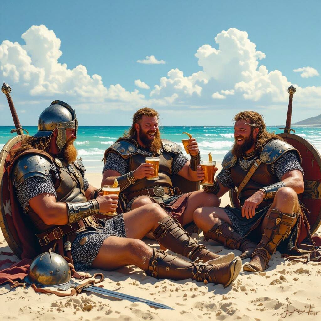 Saxon Warriors Relaxing on the Beach in Retro-Futuristic Sty...