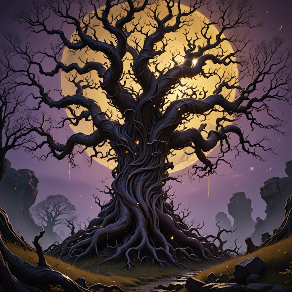 Twisted Eldritch Horror Tree in Dark Fantasy Landscape
