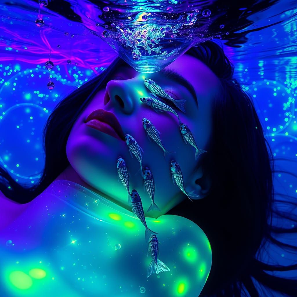 Surreal Underwater Portrait With Mermaids and Bioluminescent...