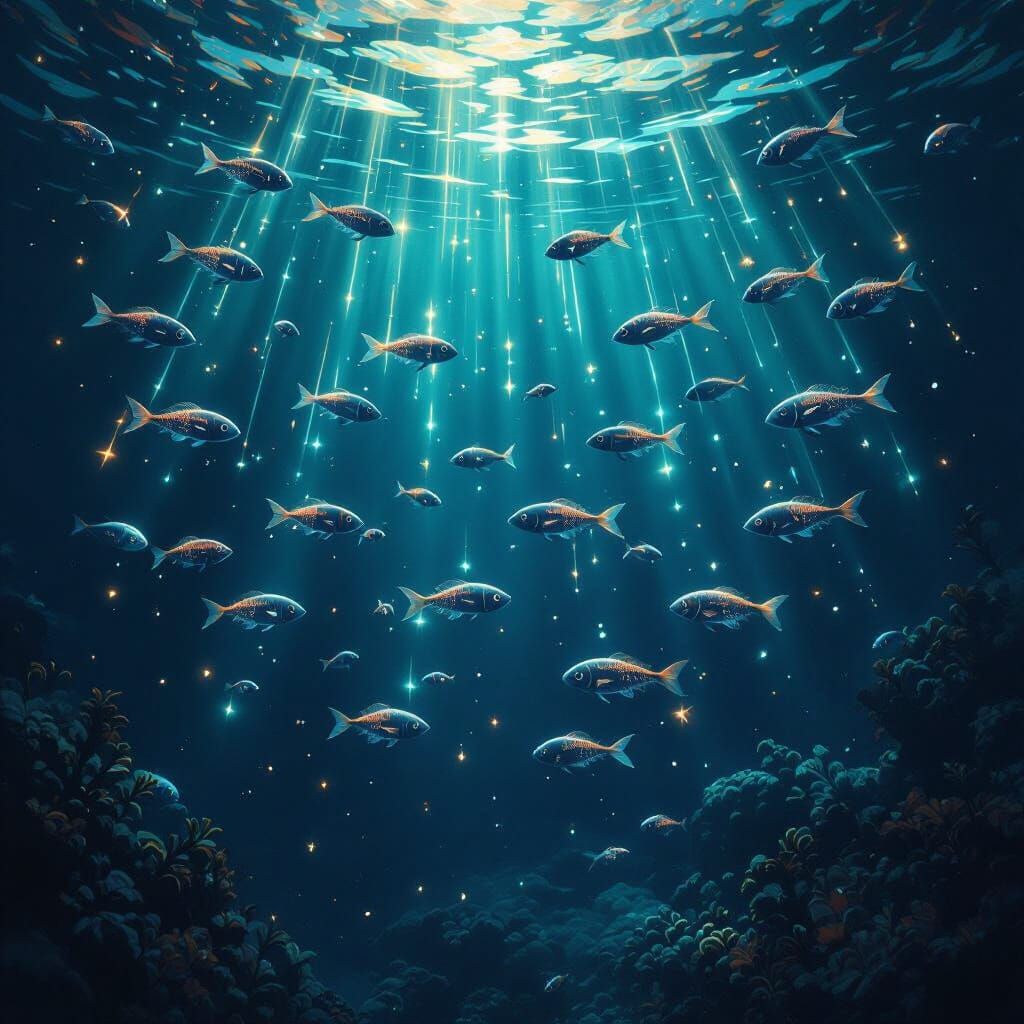 Bioluminescent Fish School In Dark Fantasy Style
