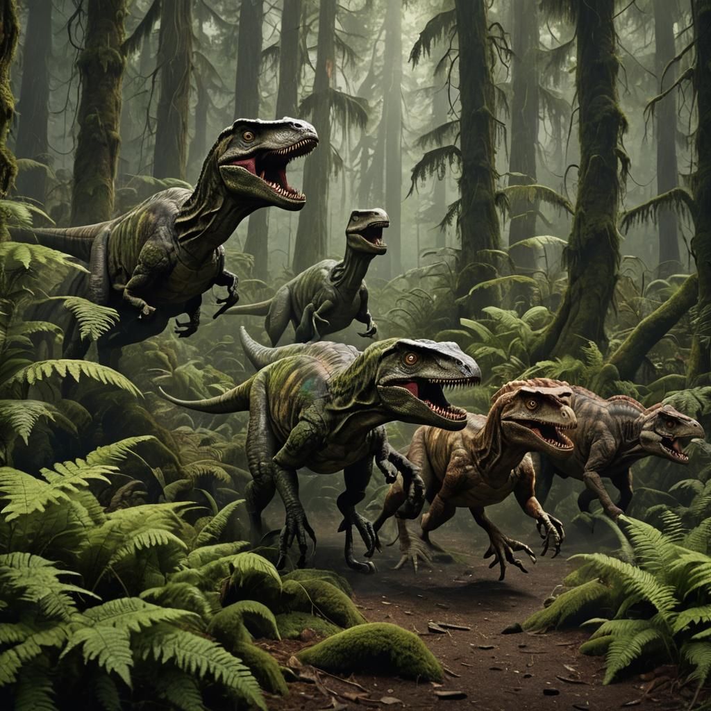Velociraptors Chase a Fleeing Politician in a Dark, Mystical...