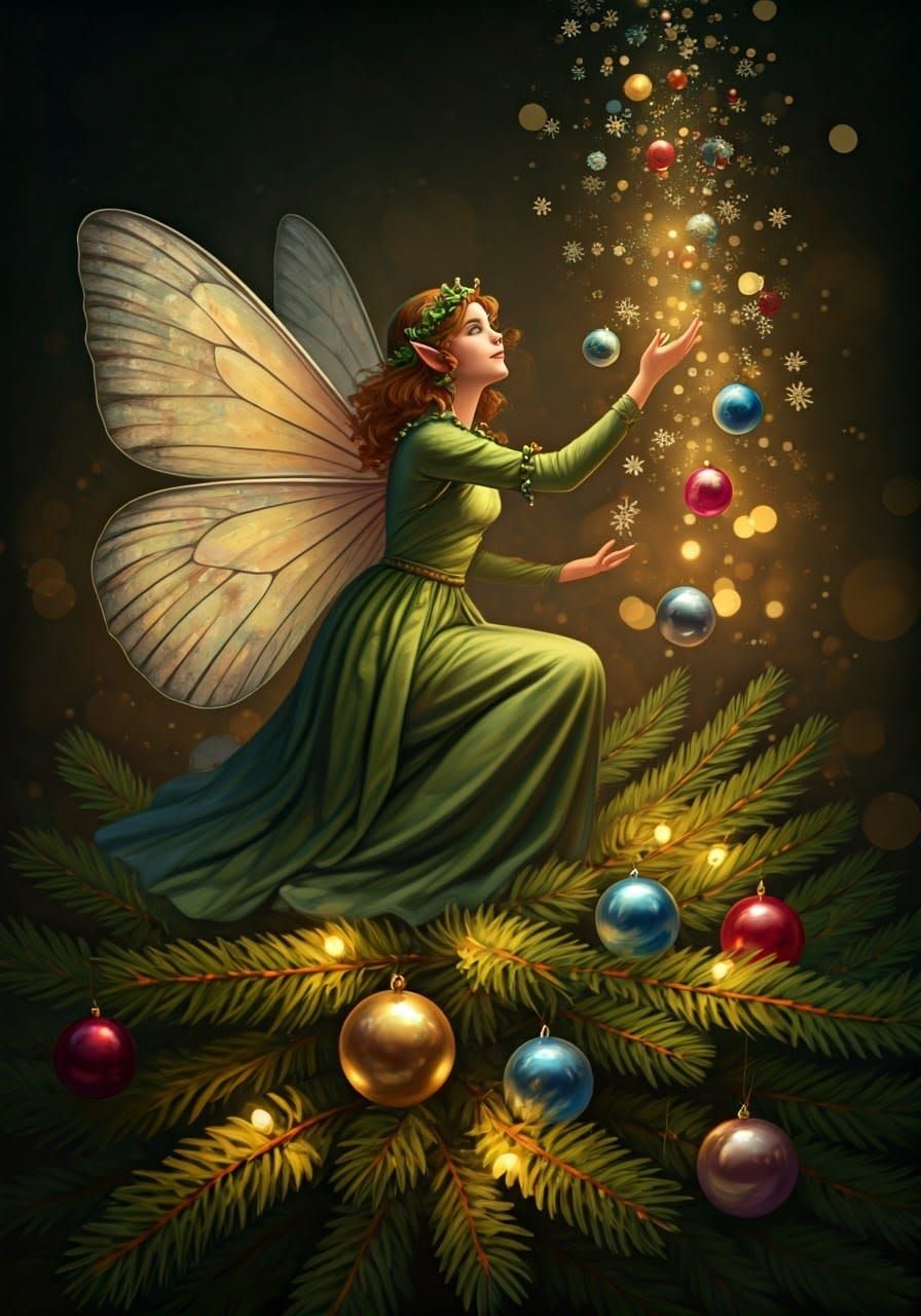 Overhead shot, naughty fairy on top of the Christmas tree hurling baubles to the ground