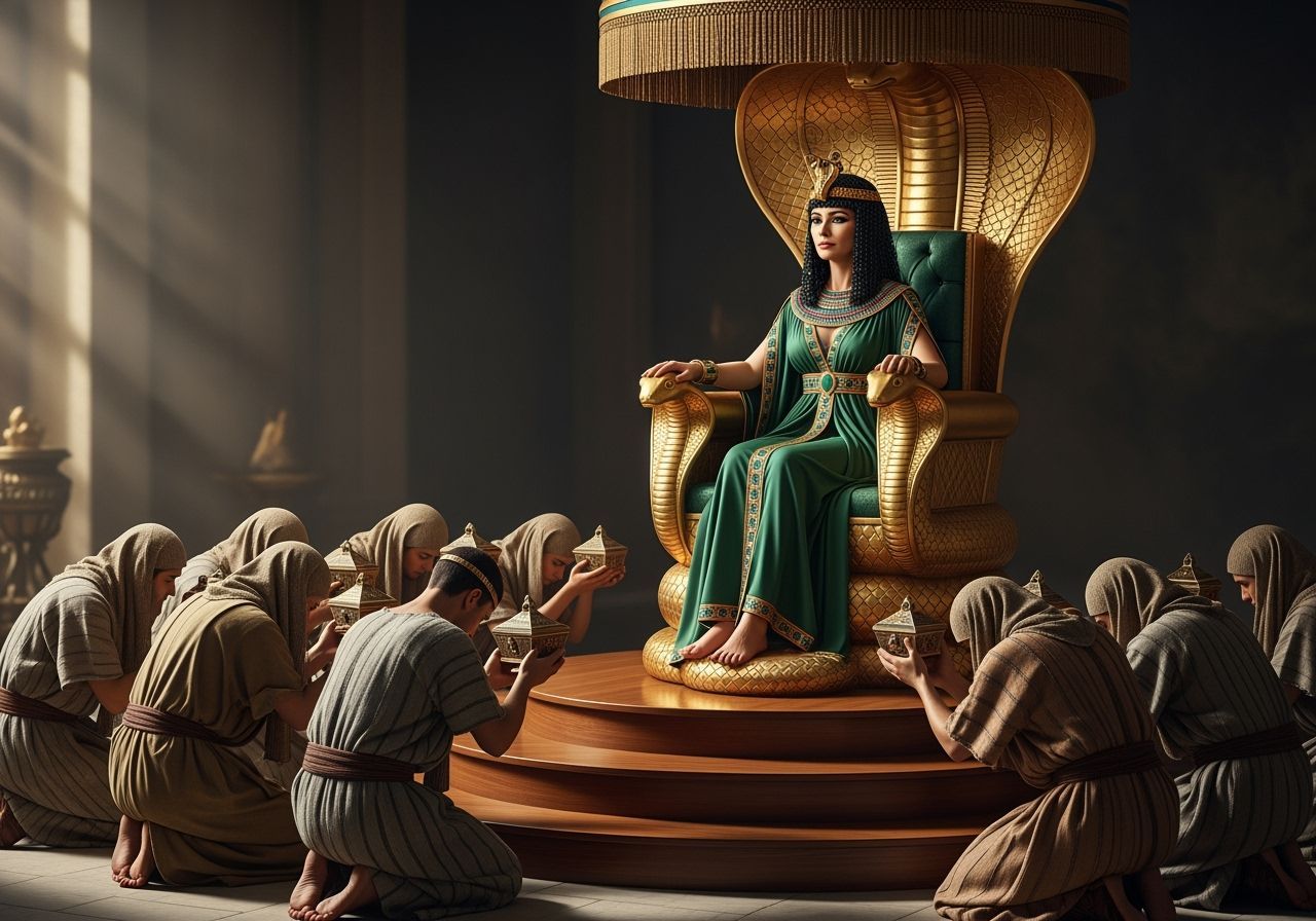 Egyptian Queen Cleopatra on Lavish Gold Cobra Throne