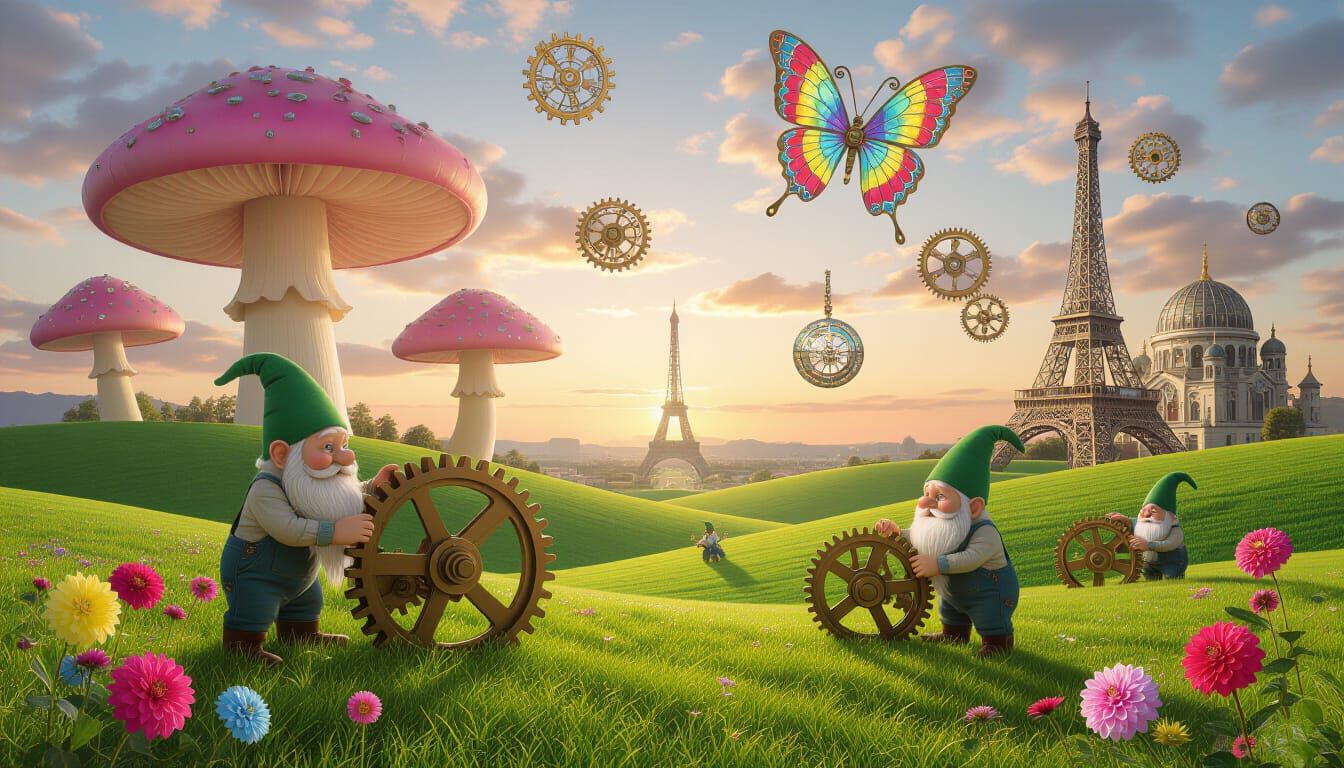 Steampunk Gnomes Repair Gears in Surreal Fantasy Landscape