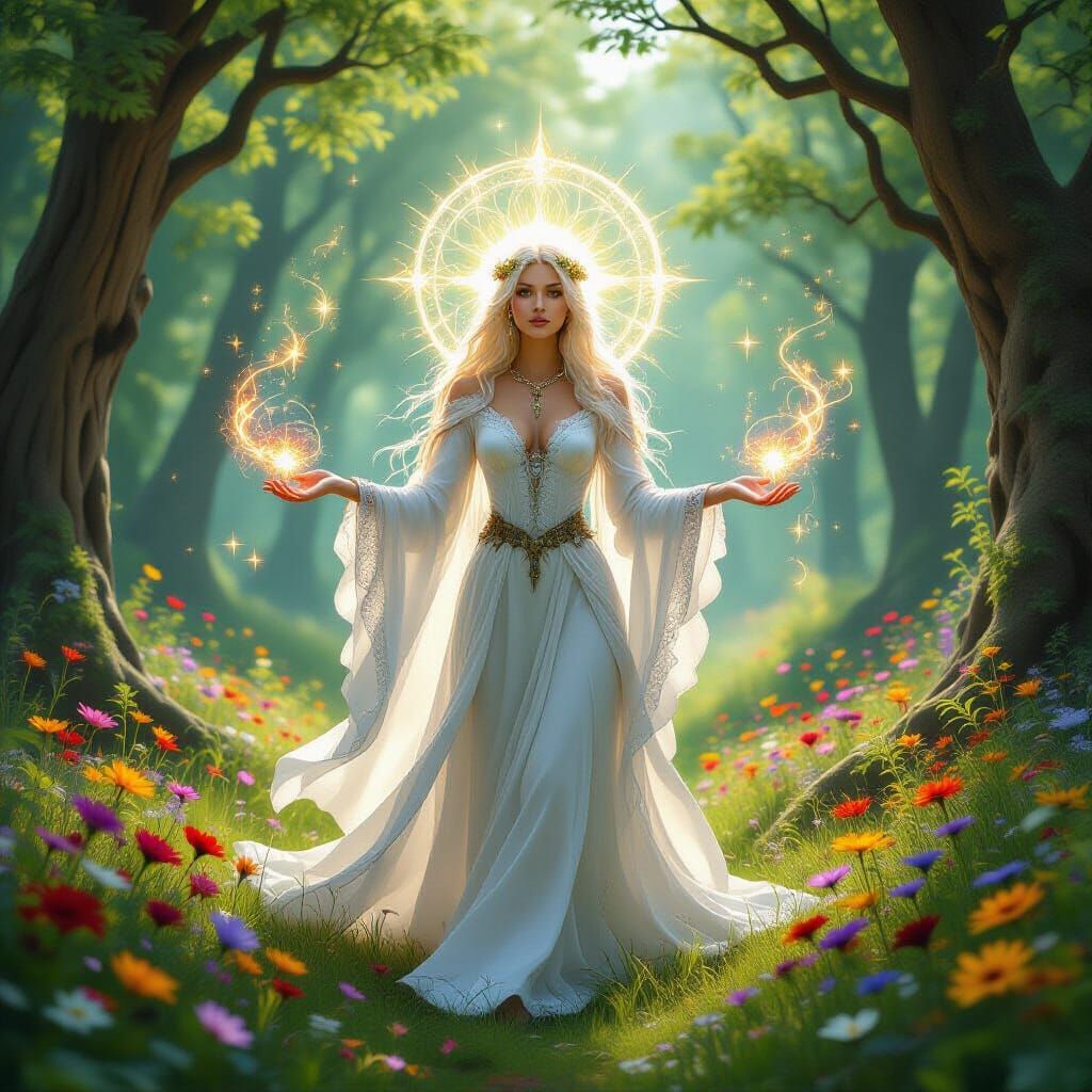 Mystical White Witch in Enchanted Forest