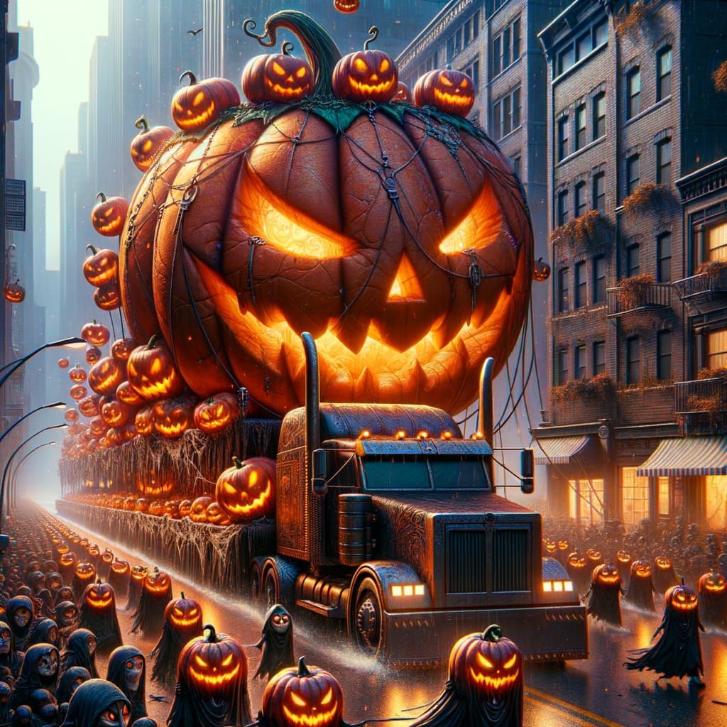 Halloween Float Procession with Giant Ominous Pumpkin