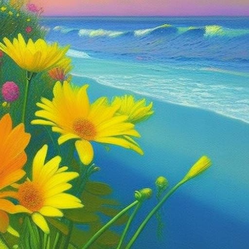 Flowers and Ocean in Abstract Pastel Oil