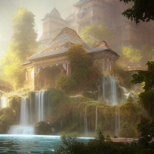 Rose Palace with Waterfalls, Art Nouveau Style