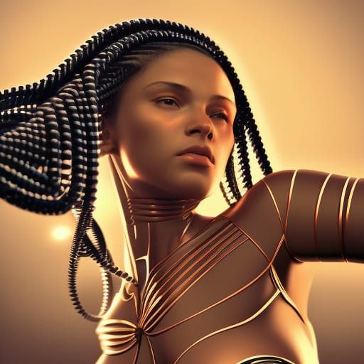 Robot Temptress with Braids: Dark Fantasy Concept Art