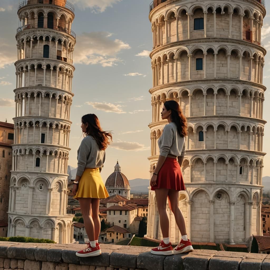 Woman on Leaning Tower of Pisa: Vivid Digital Art