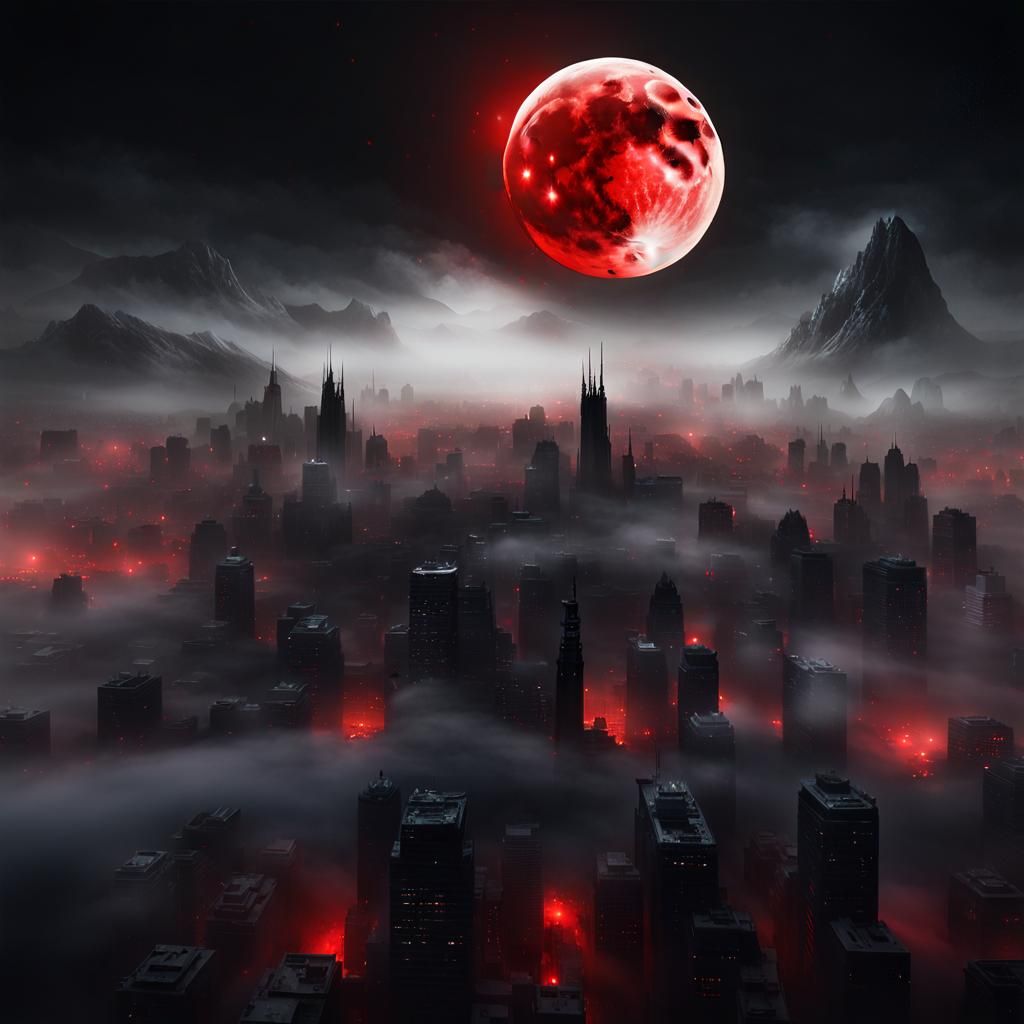 Blood Moon Over Dark Futuristic City