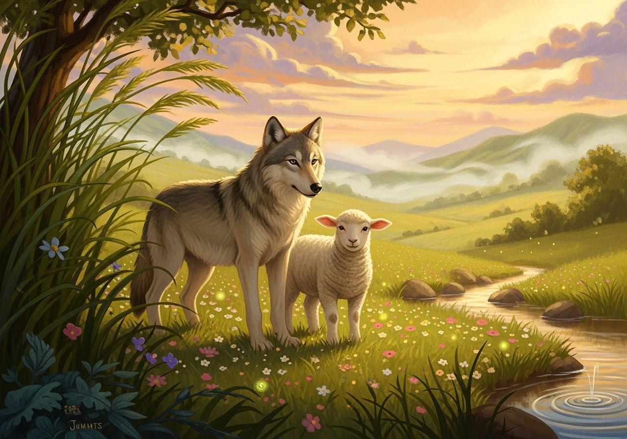 Wolf and Lamb in Harmony, Golden Meadow Scene