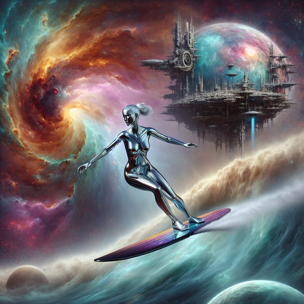 Female Space Surfer Rides Nebula Wave in Hyperrealism