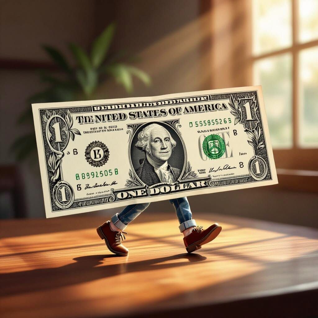 Dollar Bill Character Walks on Table, Surreal Oil Painting