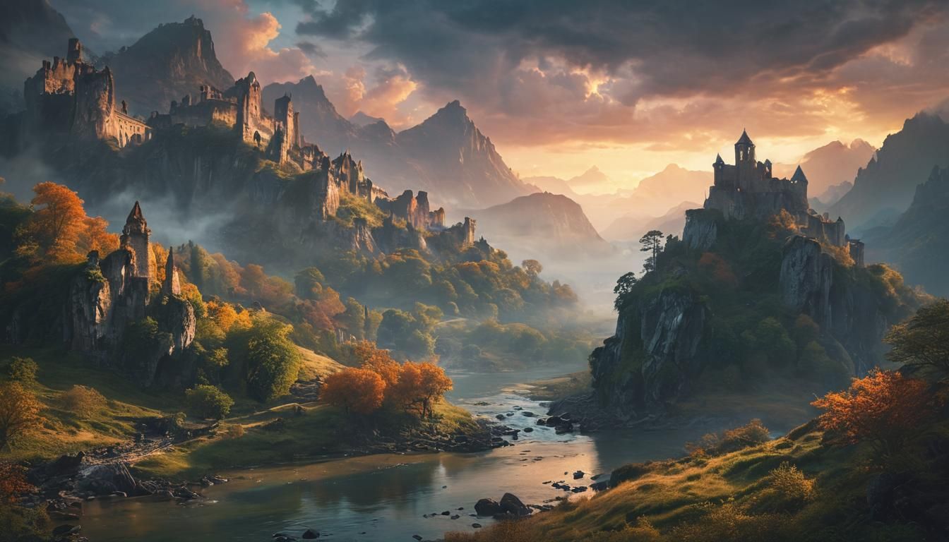 Epic Fantasy Mountain Range in Warm, Dreamy Light