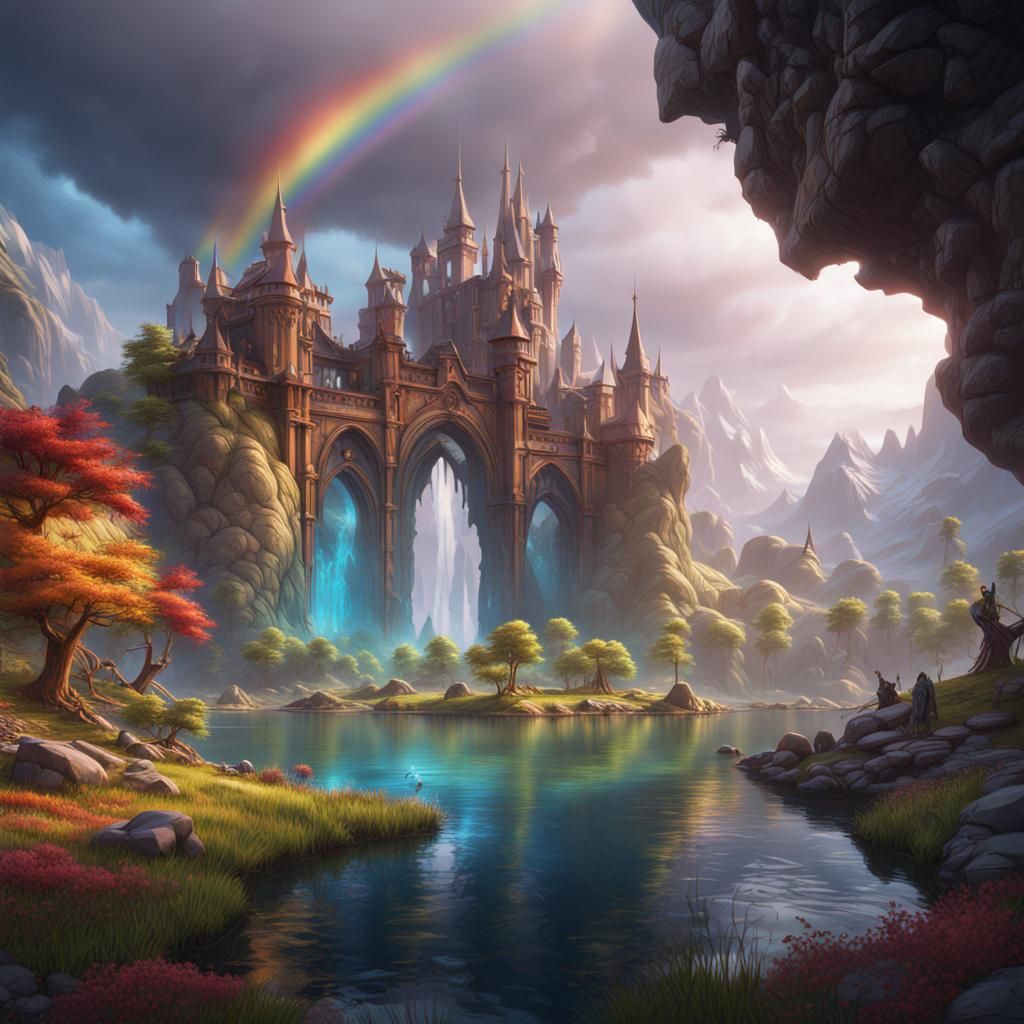 Fantastical Rainbow Lake: Detailed Matte Painting