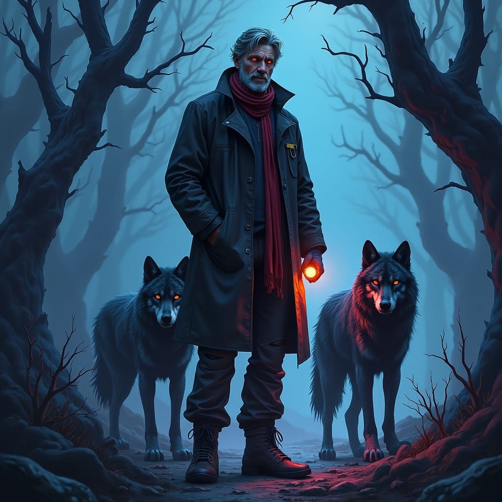 Doctor Amidst Wolves in Eerie Grixis Landscape