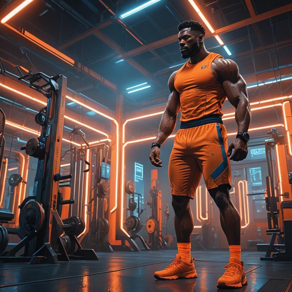 Muscular Man in Neon Gym: Matte Painting in Unreal Engine