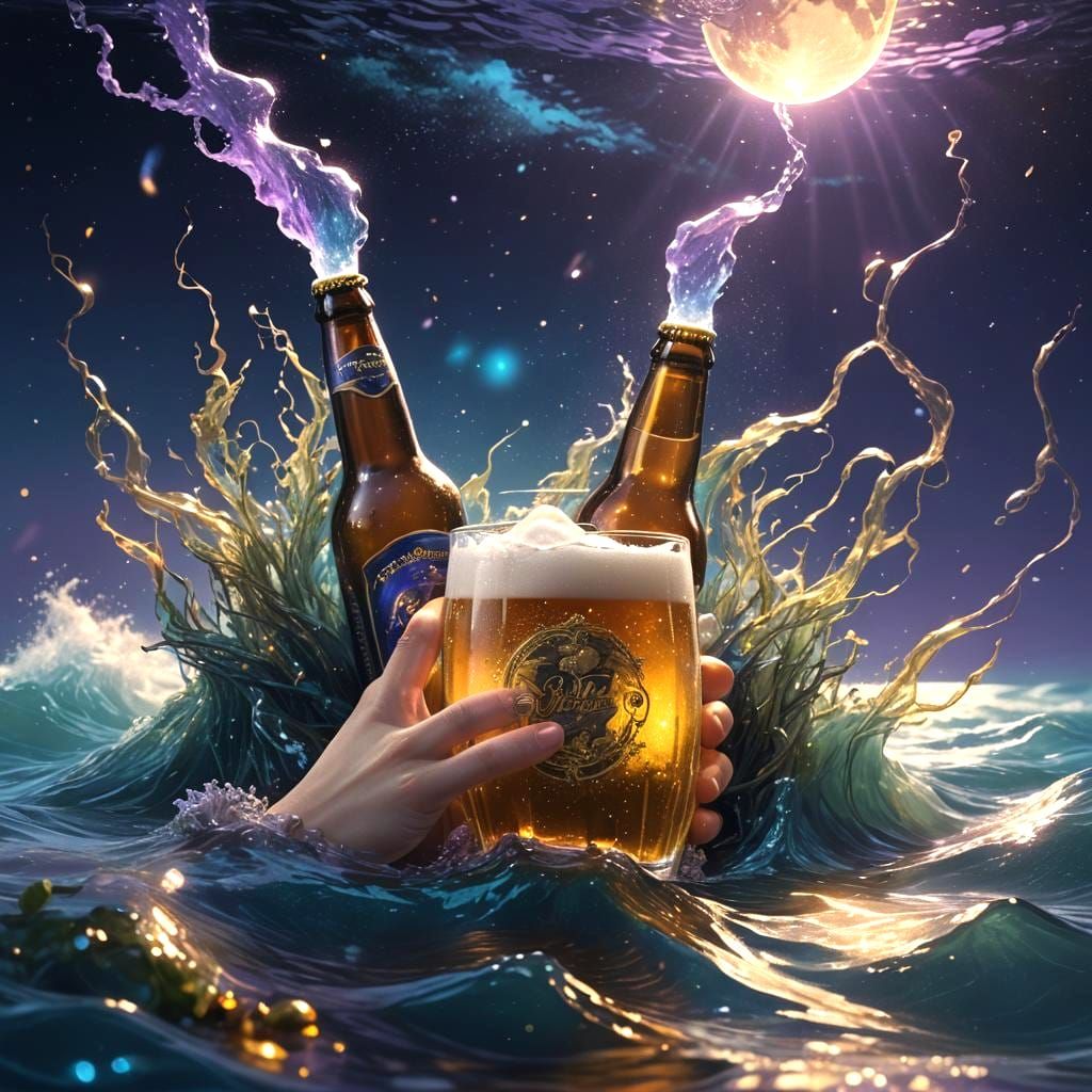Magical Beer Under Underwater Waves with Golden Sparks