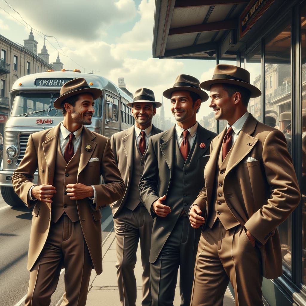 Men in Suits Wait for Bus in Hyperreal Style