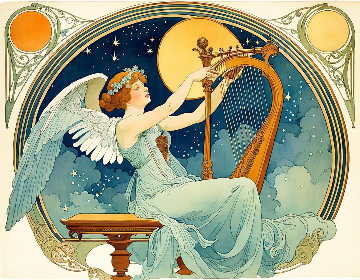 Angelic Lyre Player in Dreamy Art Nouveau Style