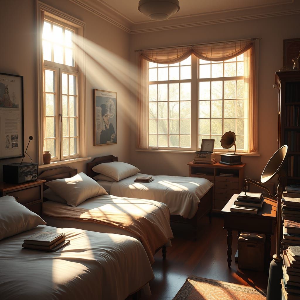 Cozy Bedroom in Warm Sunlight with Study Tables and Vintage ...