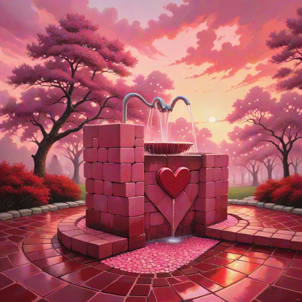Romantic Pink Water Fountain in Impressive Oil Painting