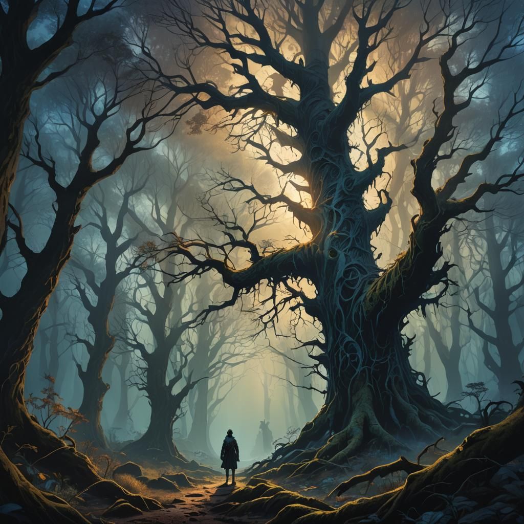 Mystical Figure in Ancient Forest: Dark Fantasy Art