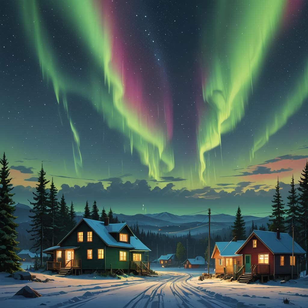 Vibrant Aurora in Starry Night Sky: Digital Art
